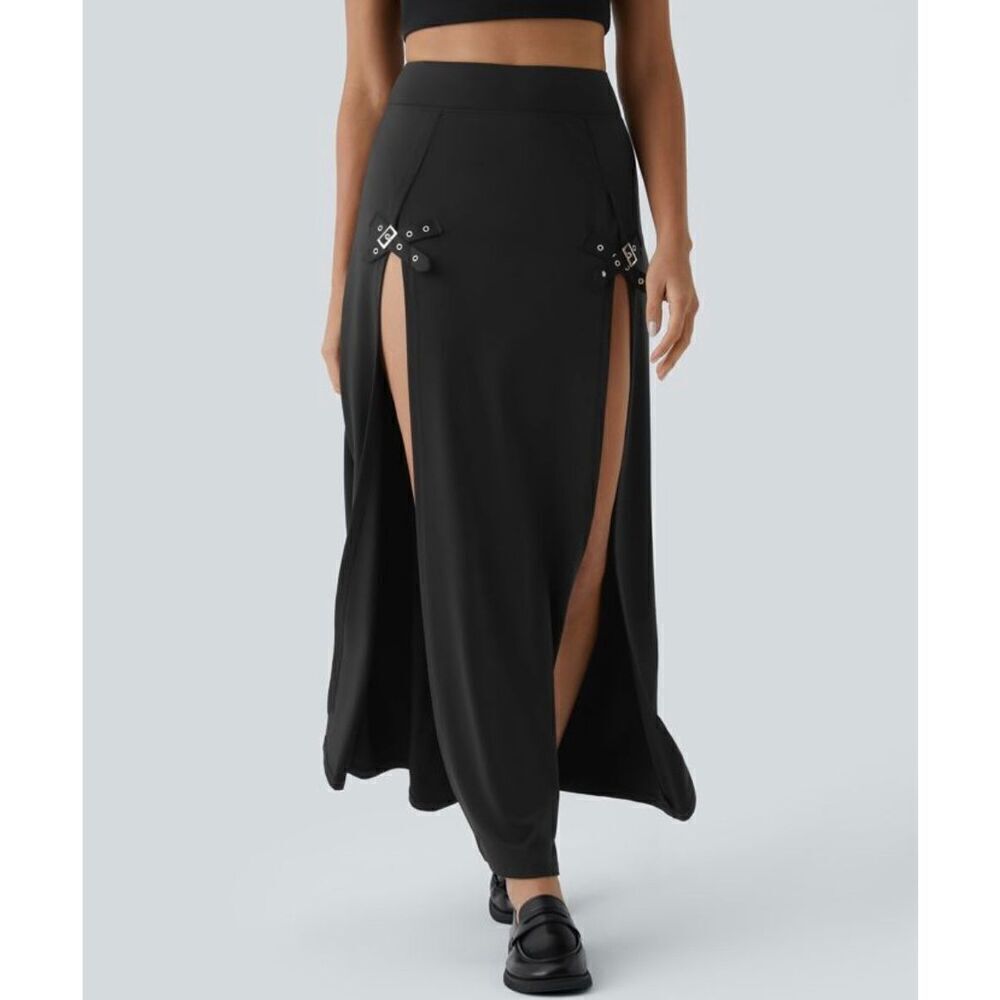 Halara Women’s L High Waisted Buckle Split 2-in-1 Maxi Skirt Black NWT - Picture 3 of 8